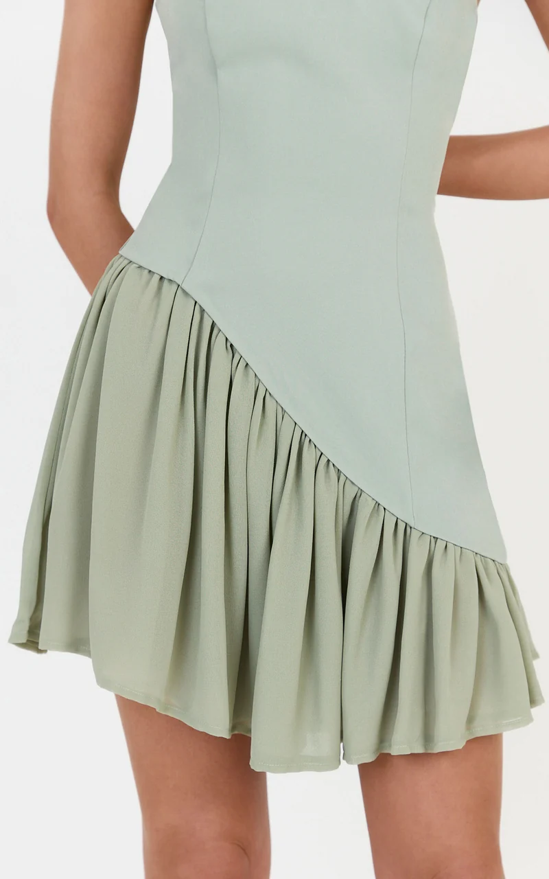 Calla Mini Dress - Strapless Gathered Asymmetric Dropped Waist Dress in Sage