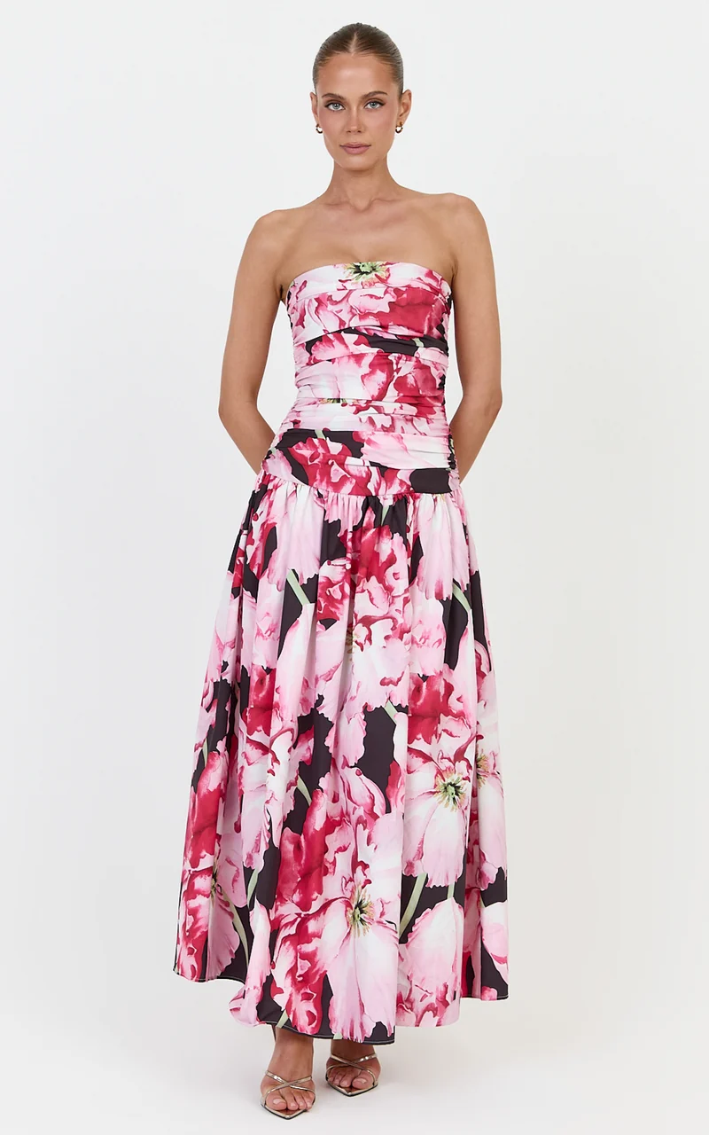 Isadora Midi Dress - Strapless Ruched Front Fit And Flare Dress in Poppy On Black Print