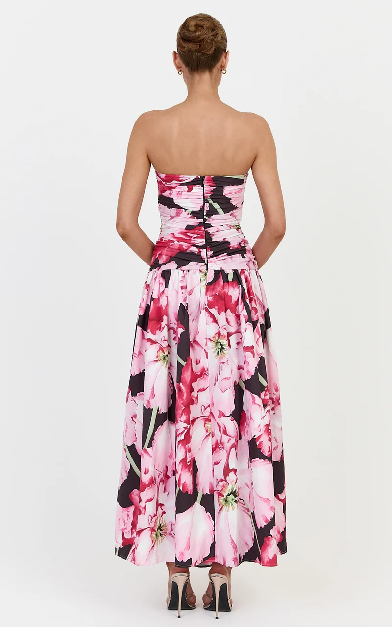 Isadora Midi Dress - Strapless Ruched Front Fit And Flare Dress in Poppy On Black Print