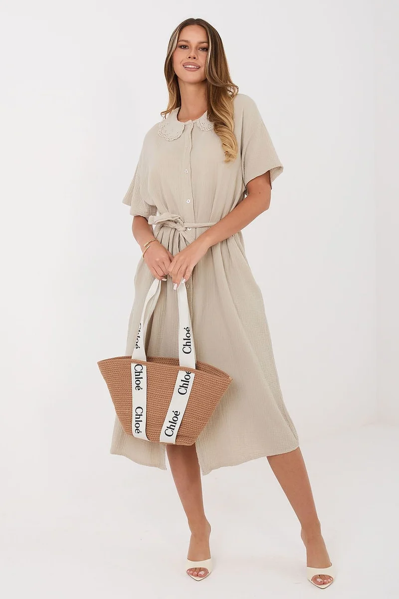 Robe chemise midi beige en gaze de coton