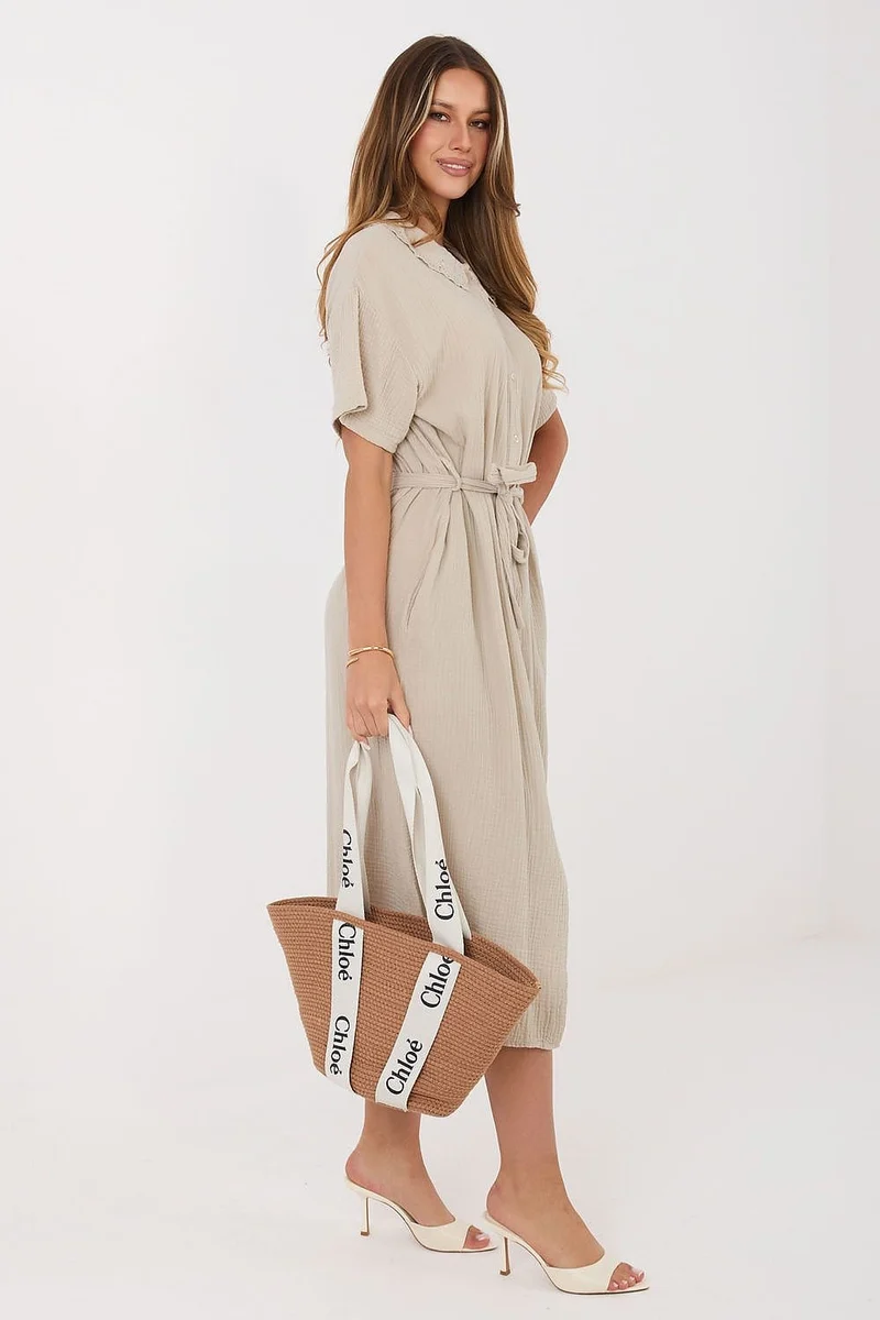 Robe chemise midi beige en gaze de coton