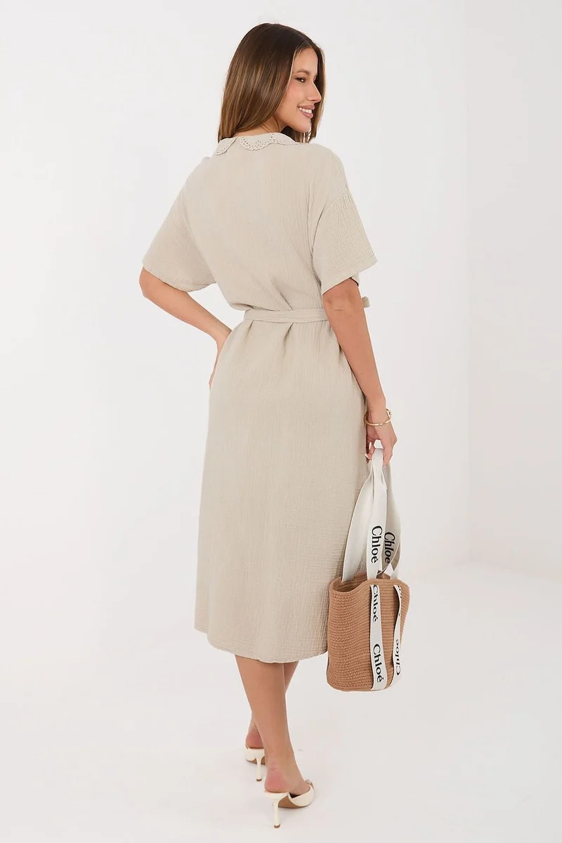 Robe chemise midi beige en gaze de coton