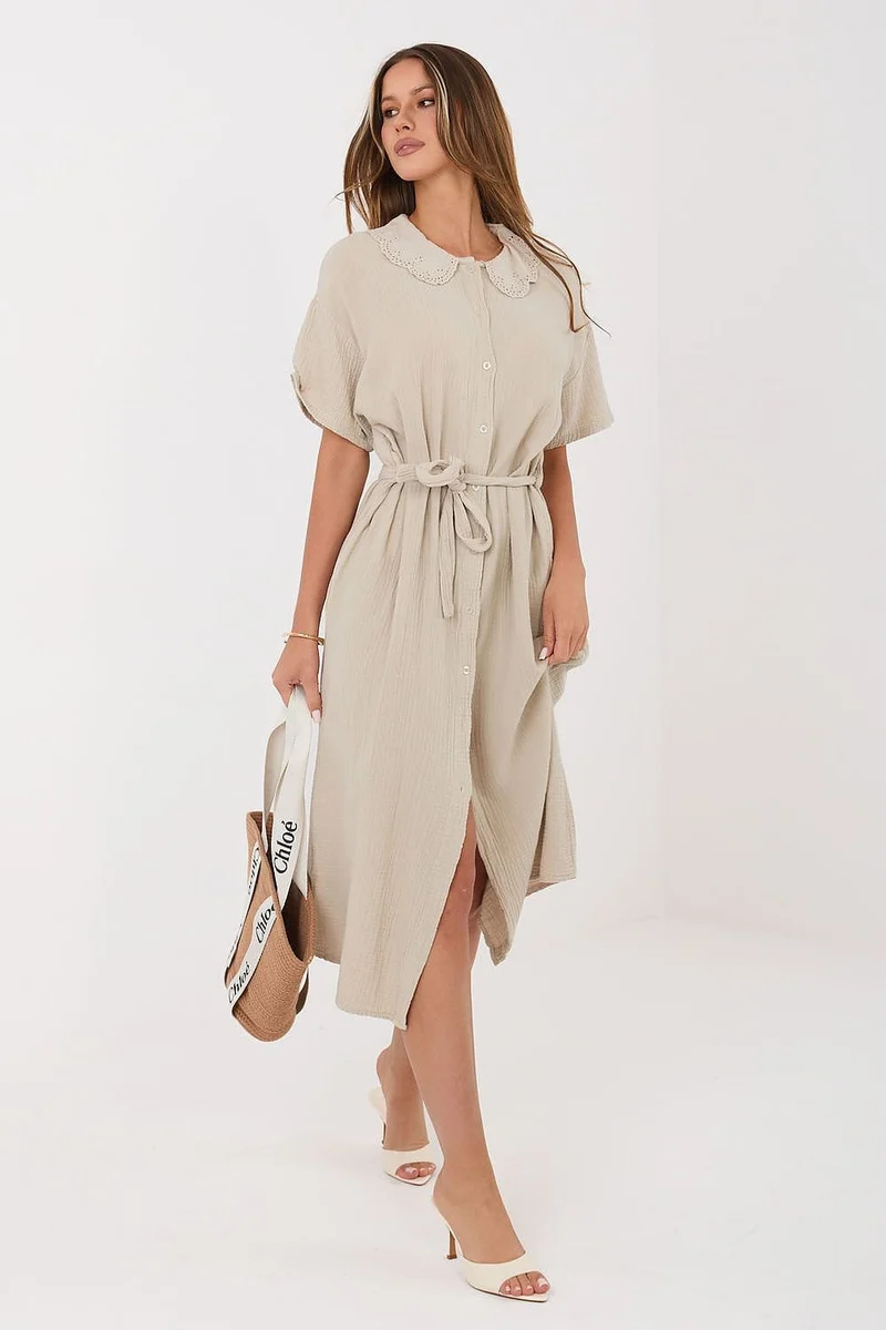 Robe chemise midi beige en gaze de coton