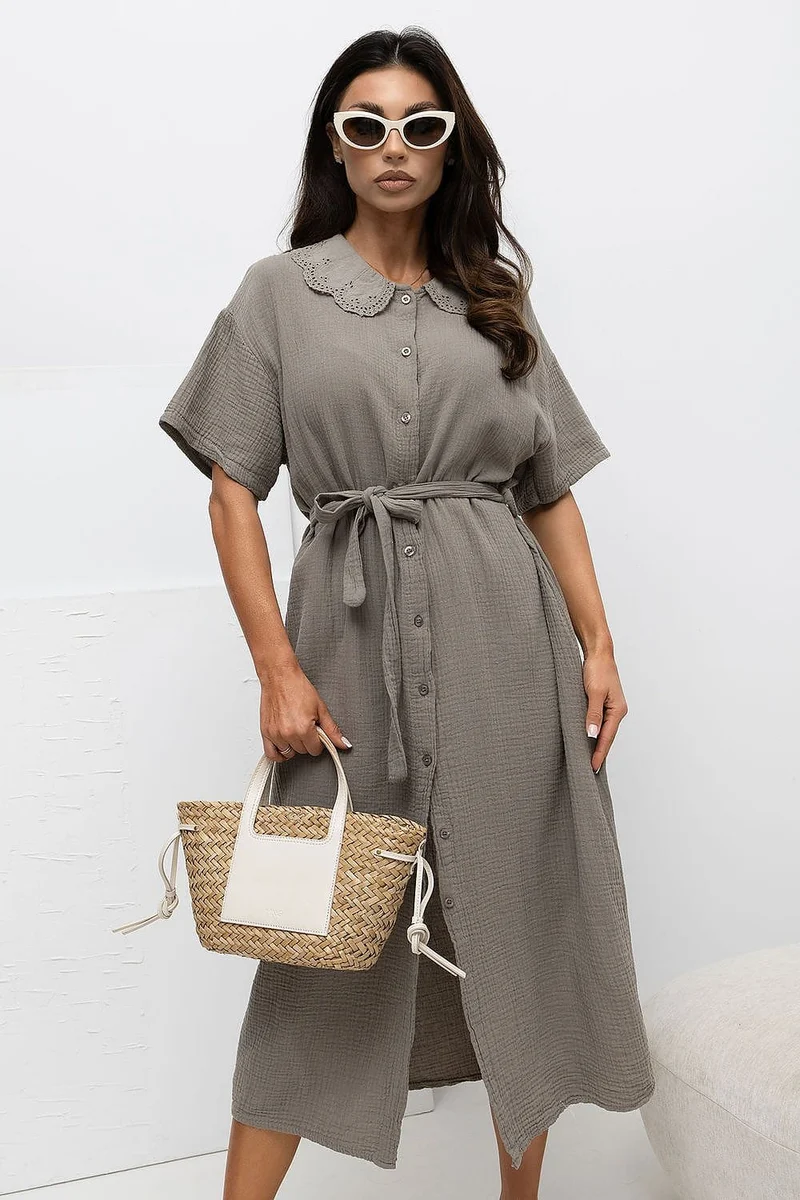 Robe chemise grise midi gaze de coton