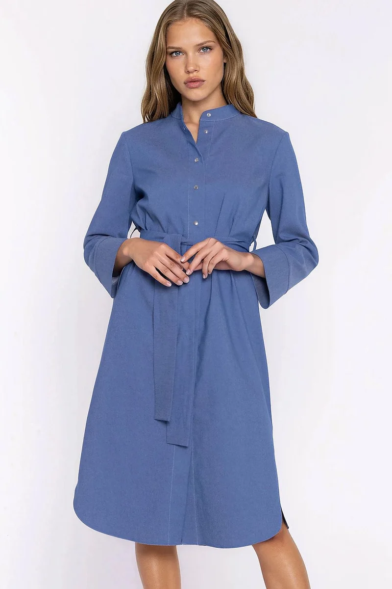 Robe chemise midi manches longues bleue