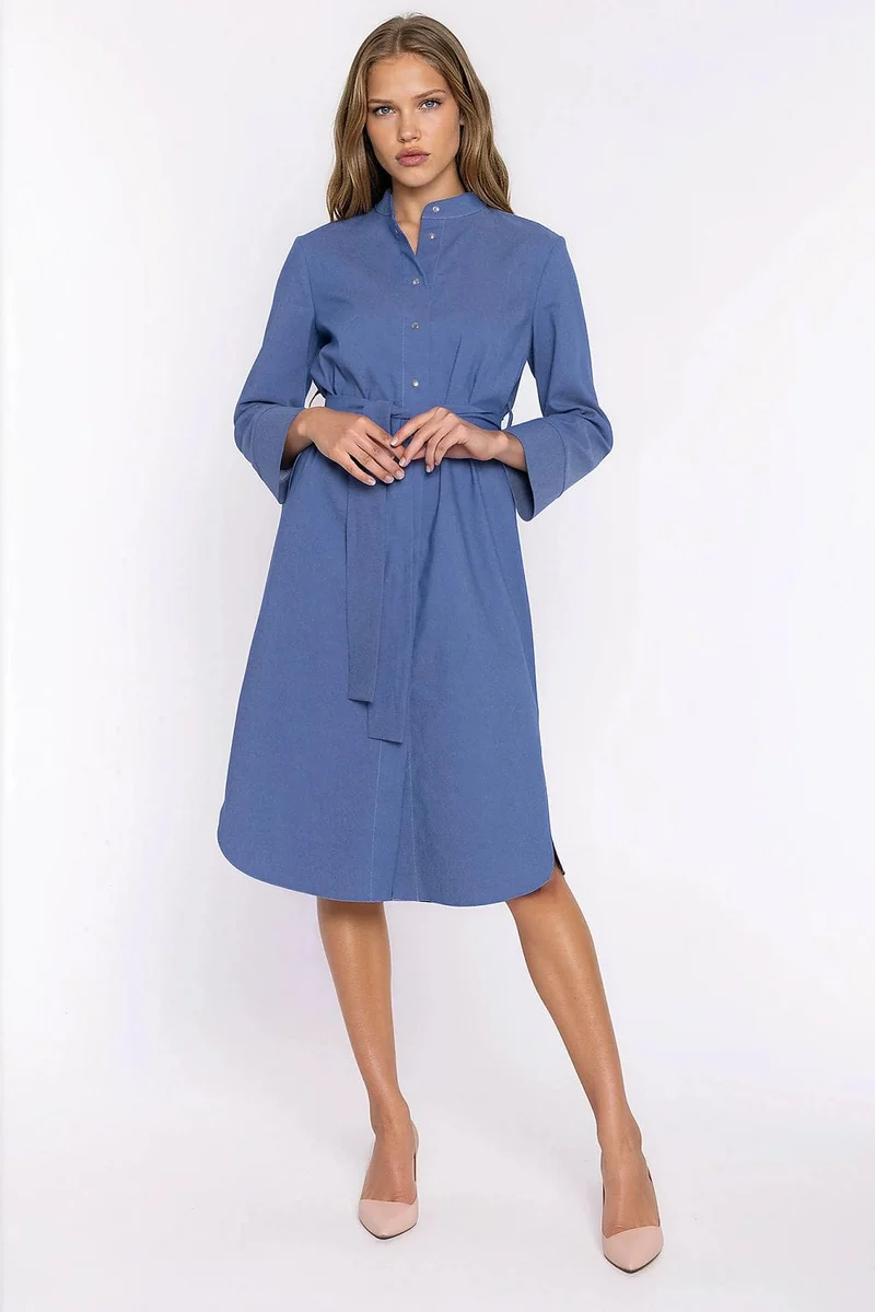 Robe chemise midi manches longues bleue