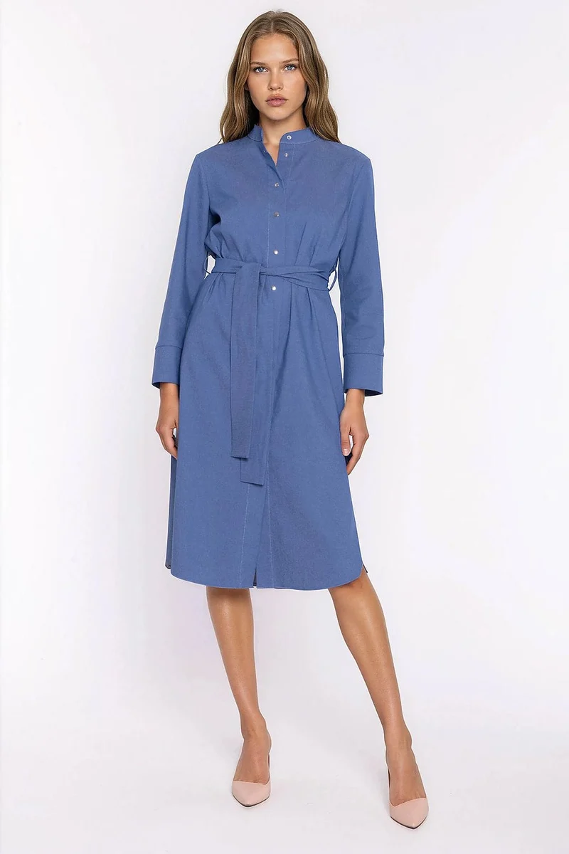 Robe chemise midi manches longues bleue