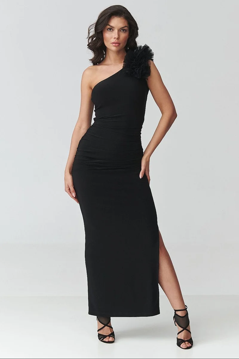 Robe noire asymétrique longue de soirée