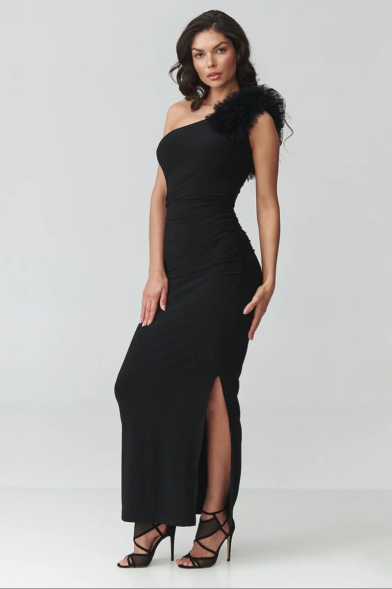 Robe noire asymétrique longue de soirée