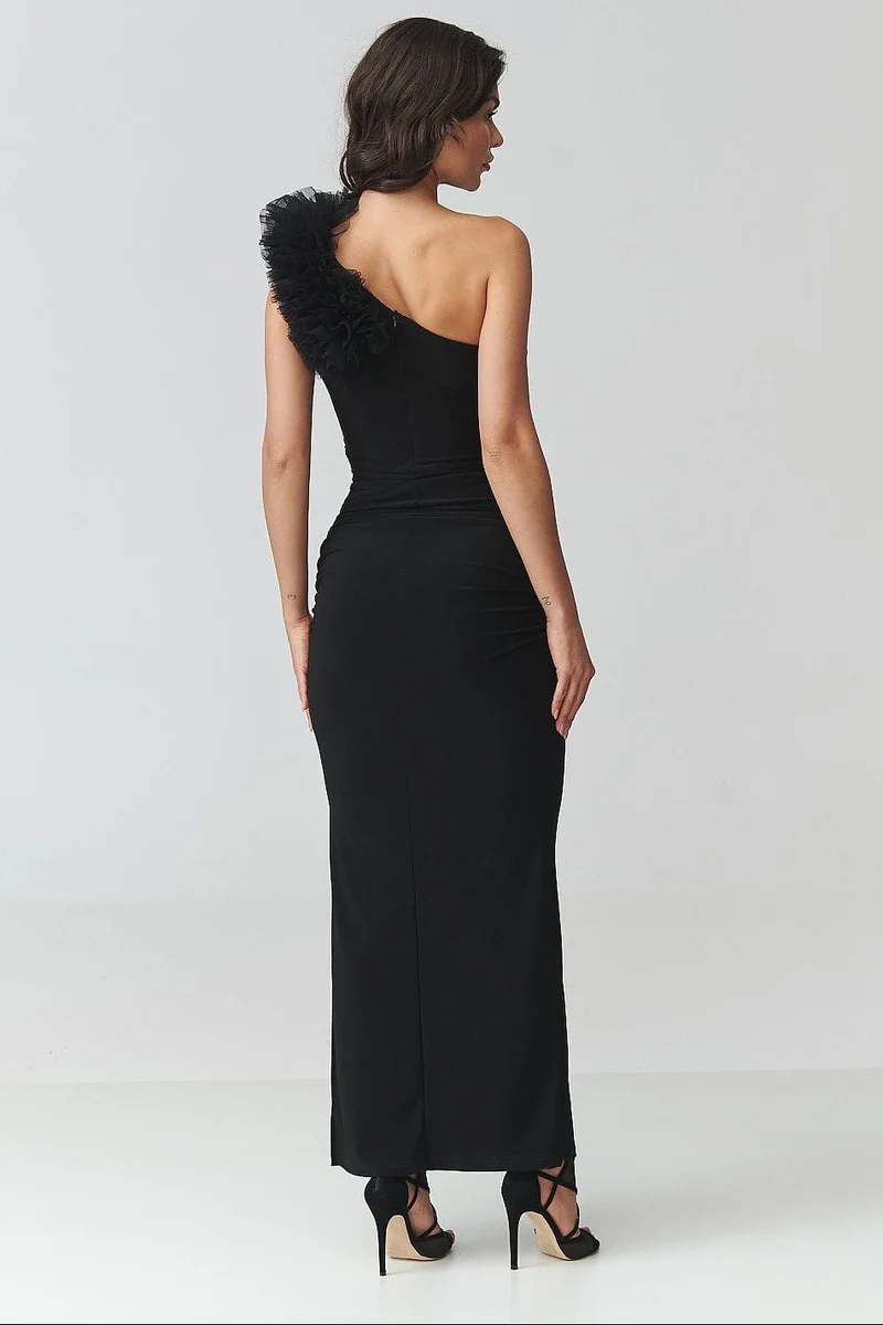 Robe noire asymétrique longue de soirée