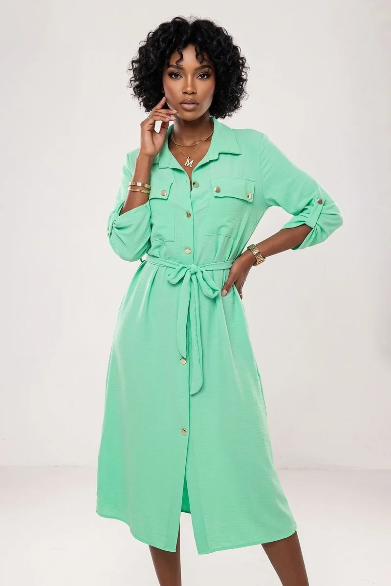 Robe chemise midi manches longues verte