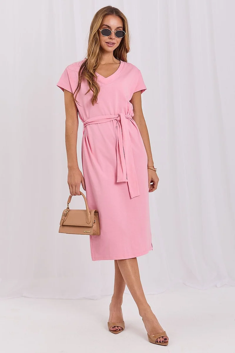 Robe été rose midi ceinturée
