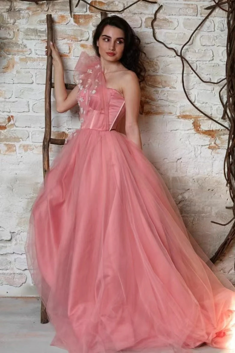 Robe de bal élégante en tulle à une épaule avec appliqués - Robe sans manches
