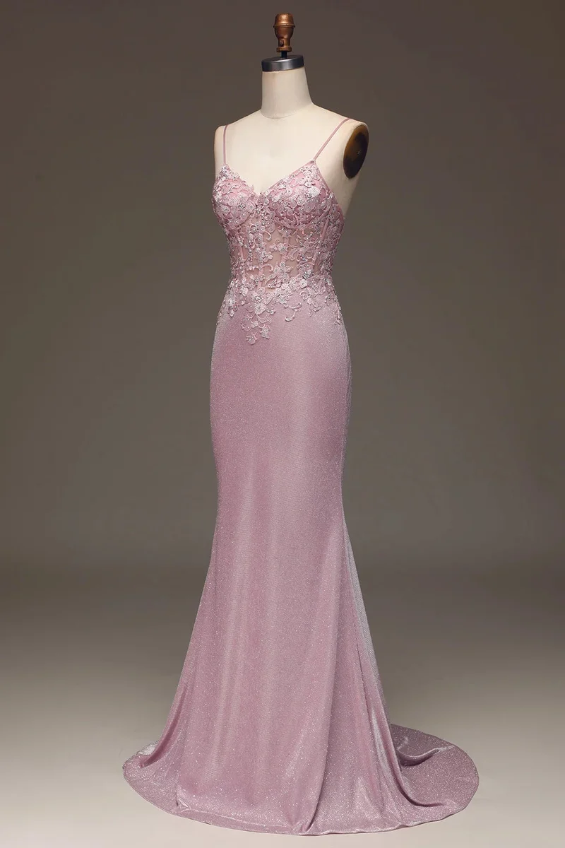 Robe de bal élégante rose à bretelles spaghetti brillantes sans manches pour femme