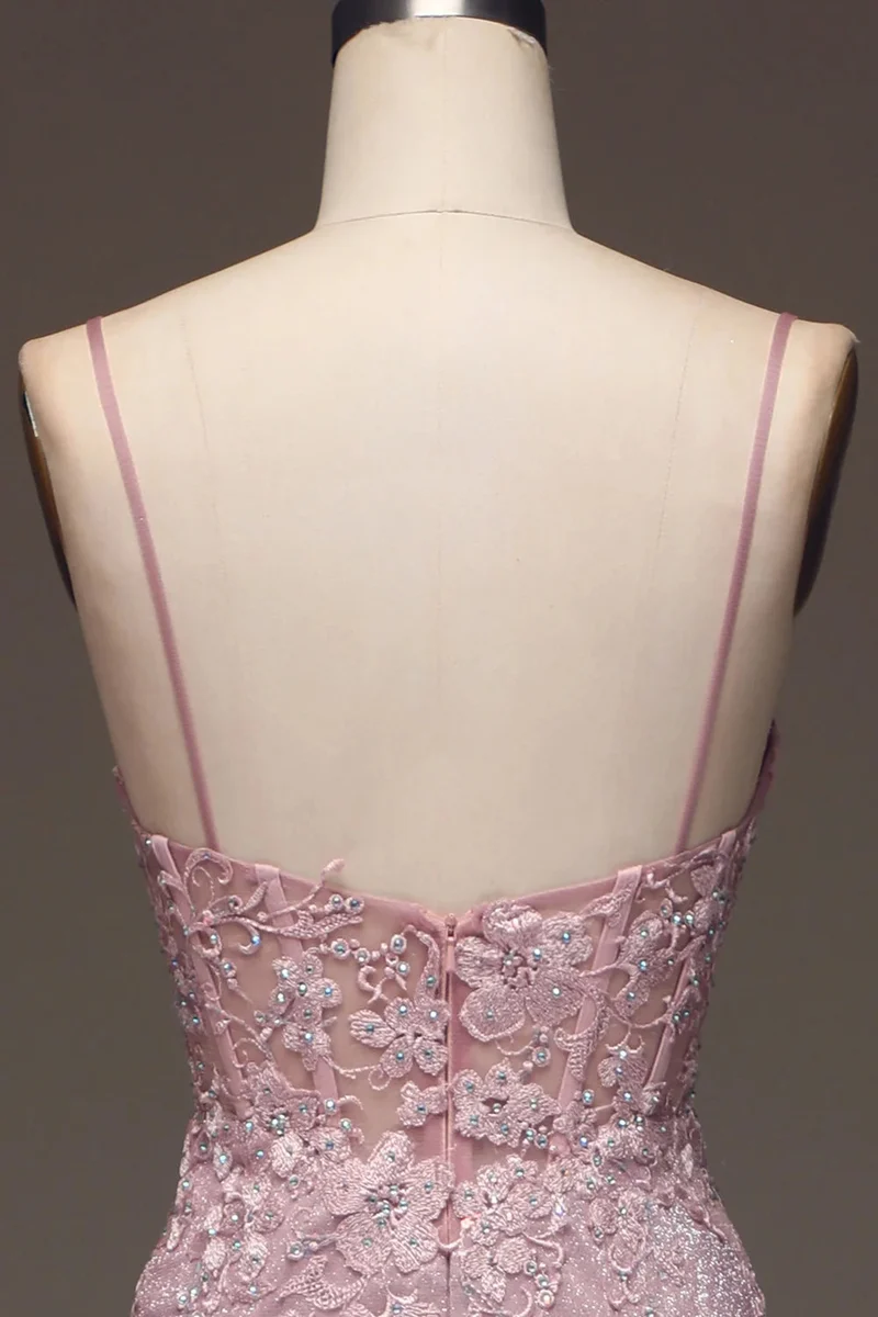 Robe de bal élégante rose à bretelles spaghetti brillantes sans manches pour femme