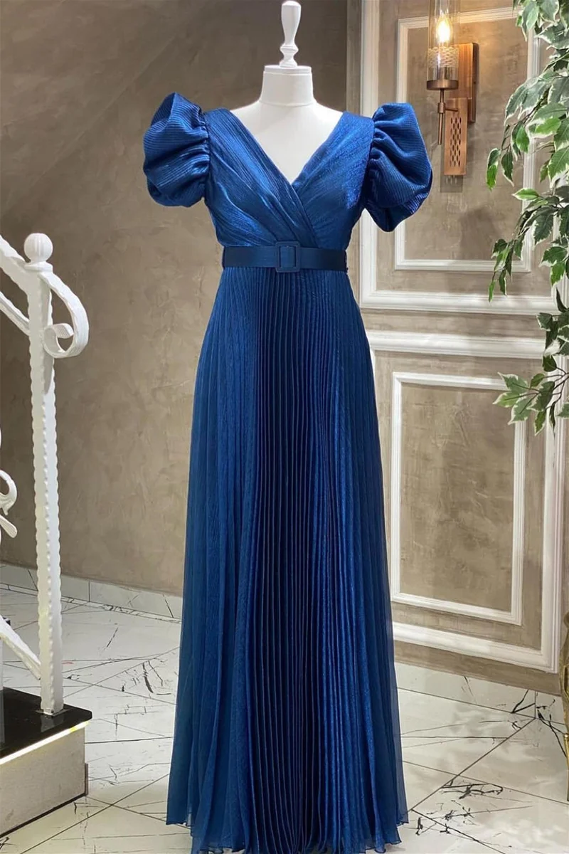 Robe de soirée élégante bleu roi à col en V et manches courtes avec ceinture