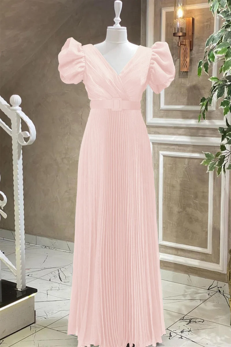 Robe de soirée élégante bleu roi à col en V et manches courtes avec ceinture