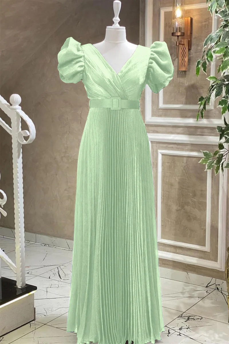 Robe de soirée élégante bleu roi à col en V et manches courtes avec ceinture