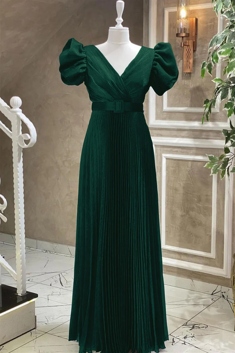 Robe de soirée élégante bleu roi à col en V et manches courtes avec ceinture