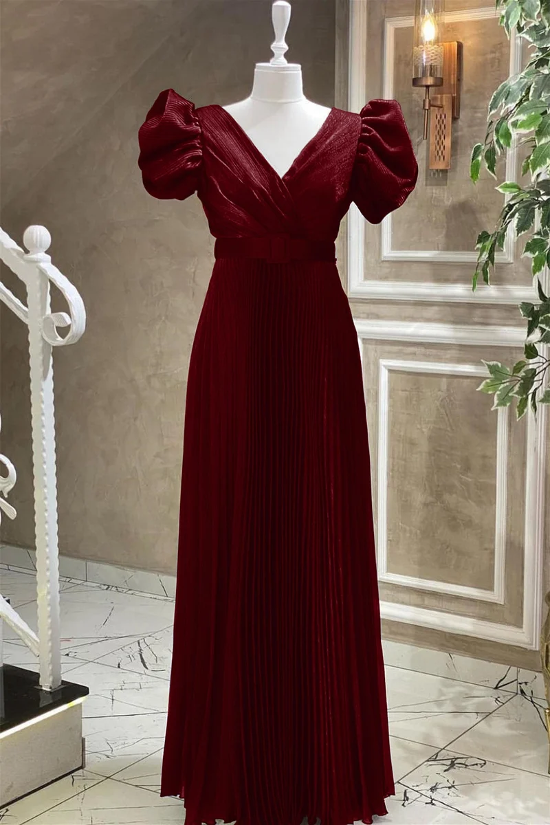 Robe de soirée élégante bleu roi à col en V et manches courtes avec ceinture