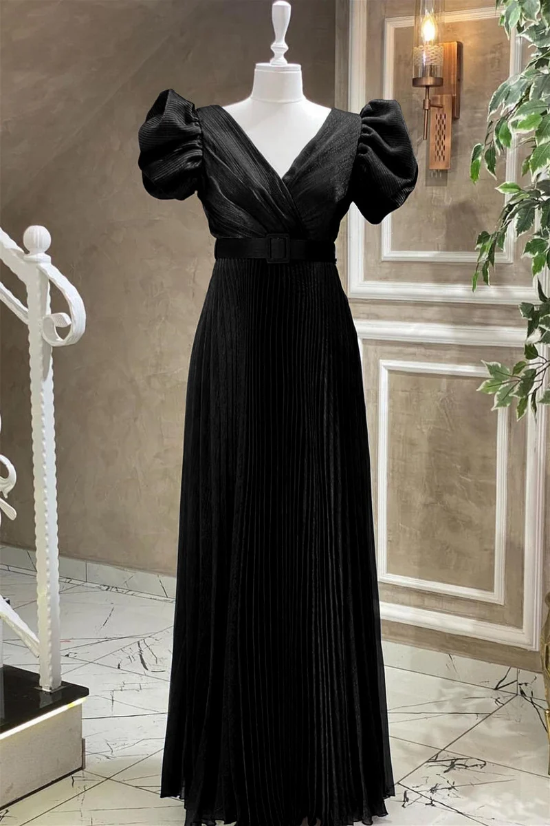 Robe de soirée élégante bleu roi à col en V et manches courtes avec ceinture