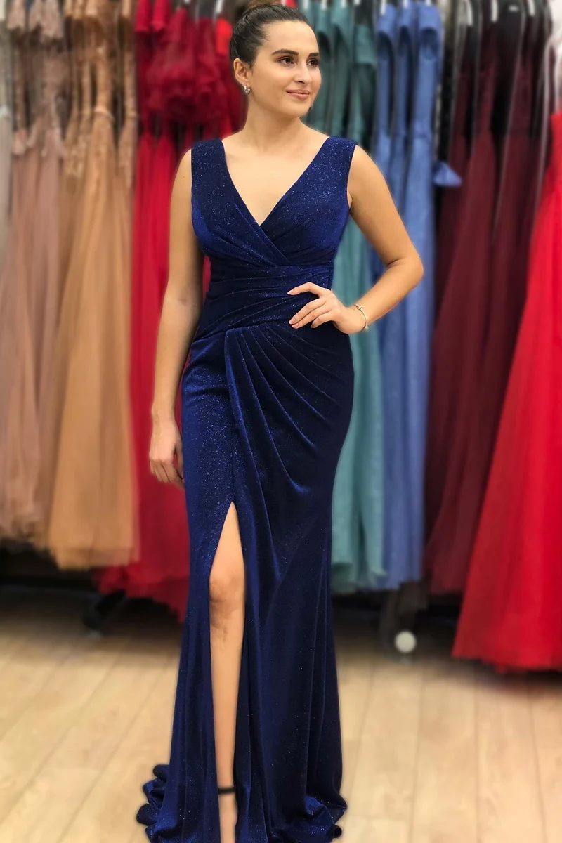 Robe de bal sirène longue bleu vintage à col en V et fente sur la cuisse