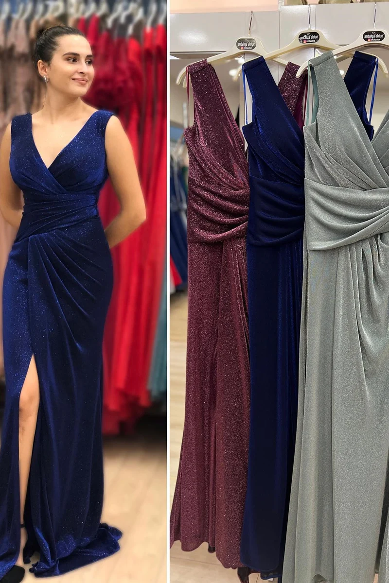 Robe de bal sirène longue bleu vintage à col en V et fente sur la cuisse
