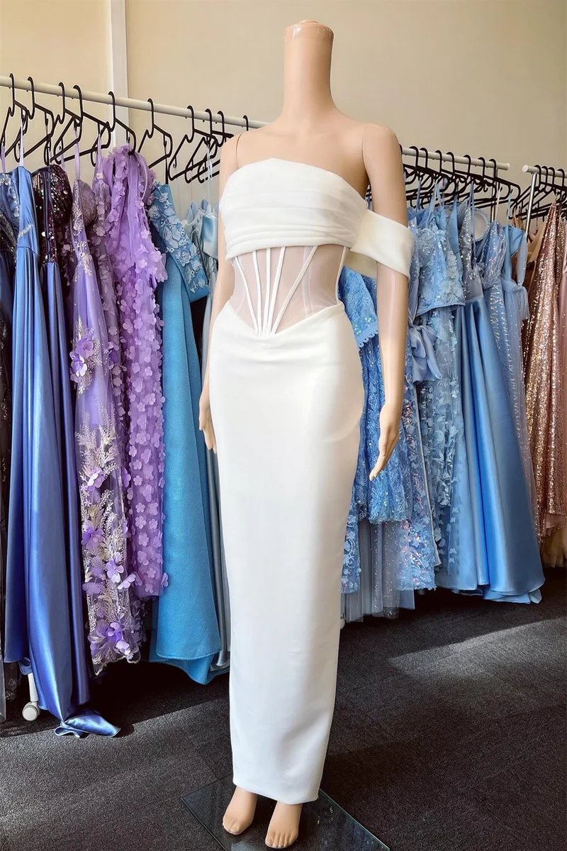 Robe de bal sirène plissée blanche élégante à épaules dénudées et sans bretelles