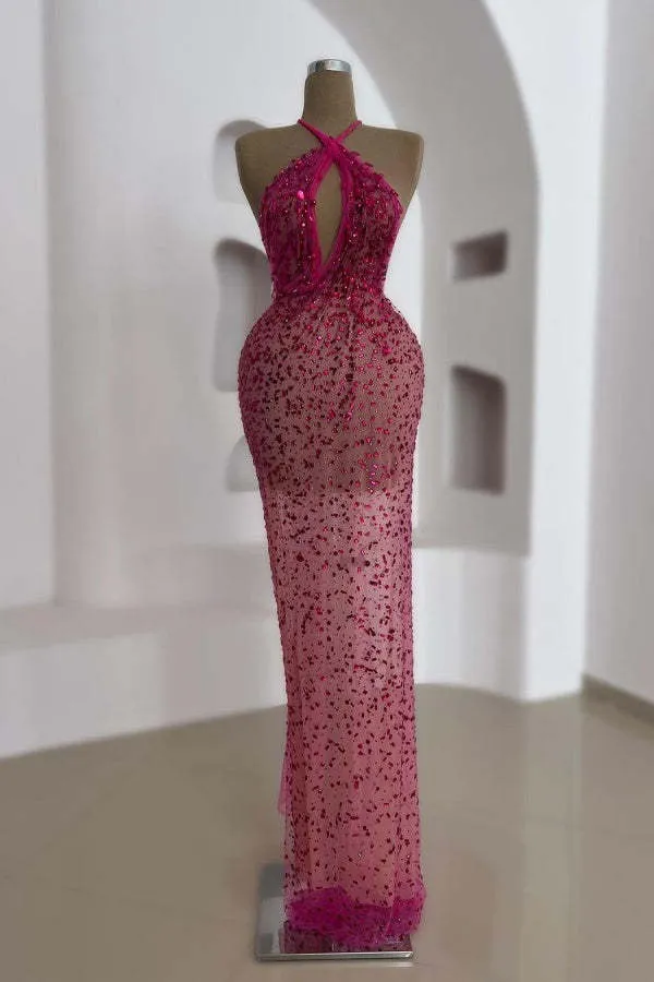 Robe de bal élégante à sequins roses et col licou - Robe de soirée sans manches