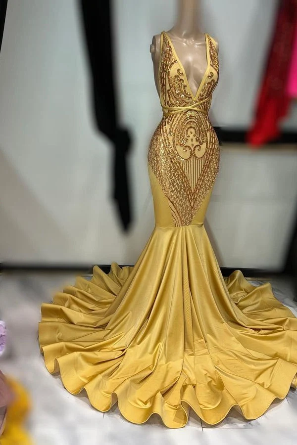 Robe de bal sirène sans manches à appliqués or foncé, robe de soirée élégante