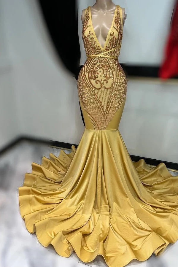 Robe de bal sirène sans manches à appliqués or foncé, robe de soirée élégante