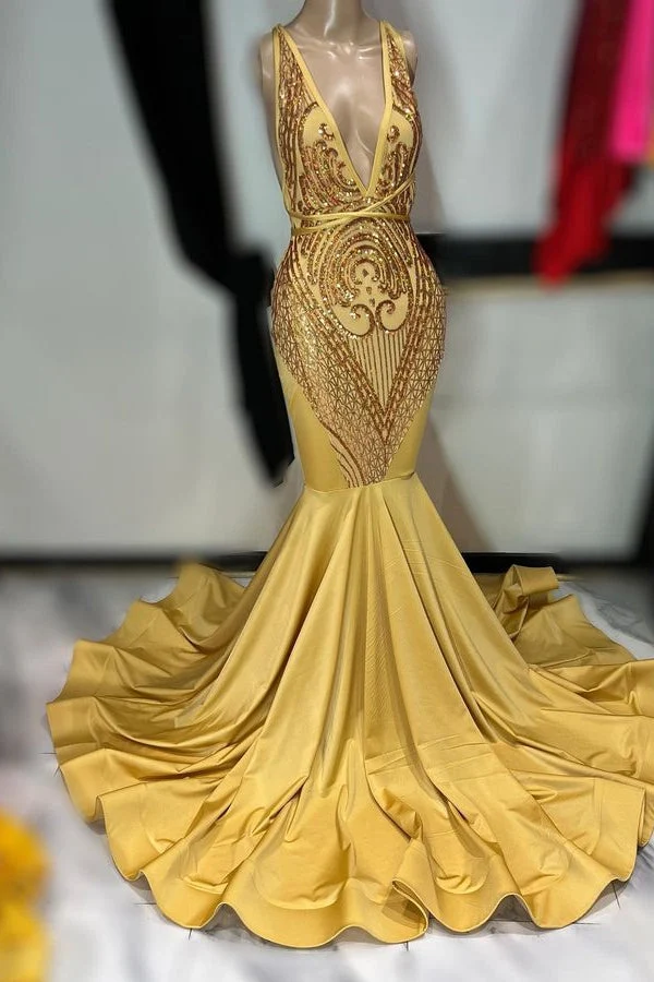 Robe de bal sirène sans manches à appliqués or foncé, robe de soirée élégante
