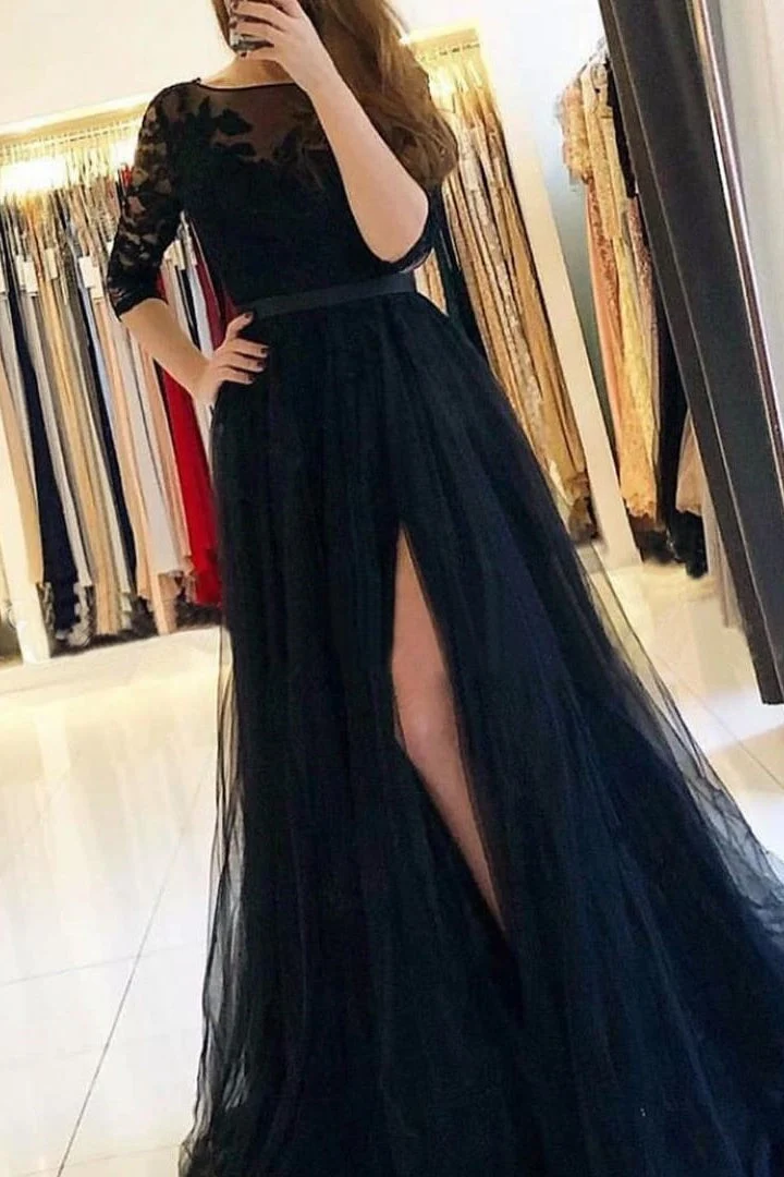 Robe de bal élégante à manches longues et coupe trapèze en dentelle avec fente sur la cuisse
