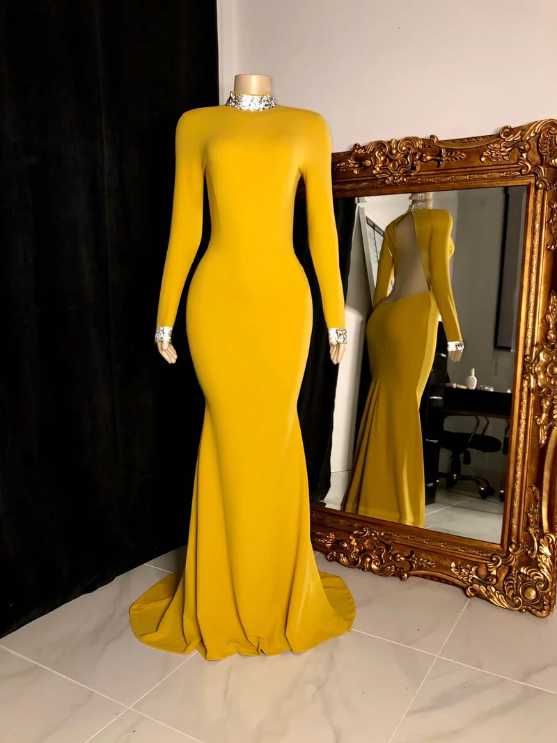 Robe de bal sirène rouge élégante à manches longues et dos nu