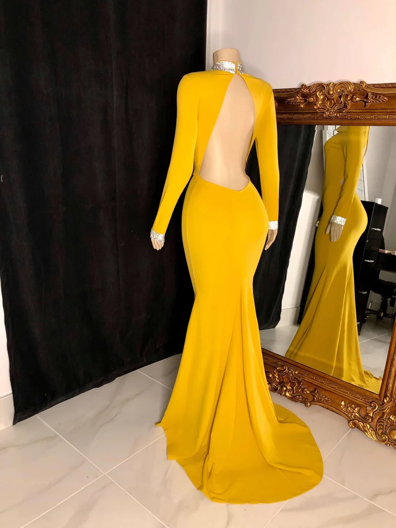 Robe de bal sirène rouge élégante à manches longues et dos nu