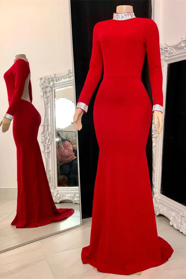 Robe de bal sirène rouge élégante à manches longues et dos nu