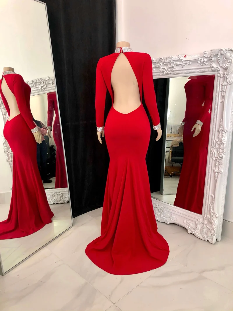 Robe de bal sirène rouge élégante à manches longues et dos nu