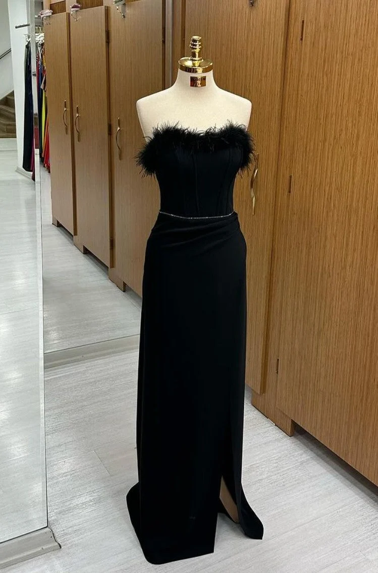 Robe de soirée longue noire à paillettes et plumes, style sirène, sans bretelles