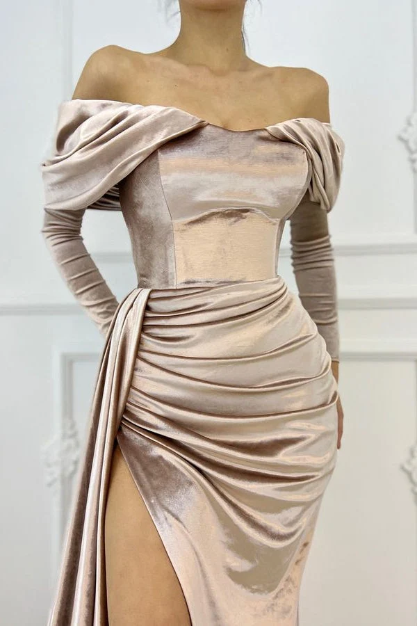 Robe de bal sirène élégante à épaules dénudées et manches longues avec fente
