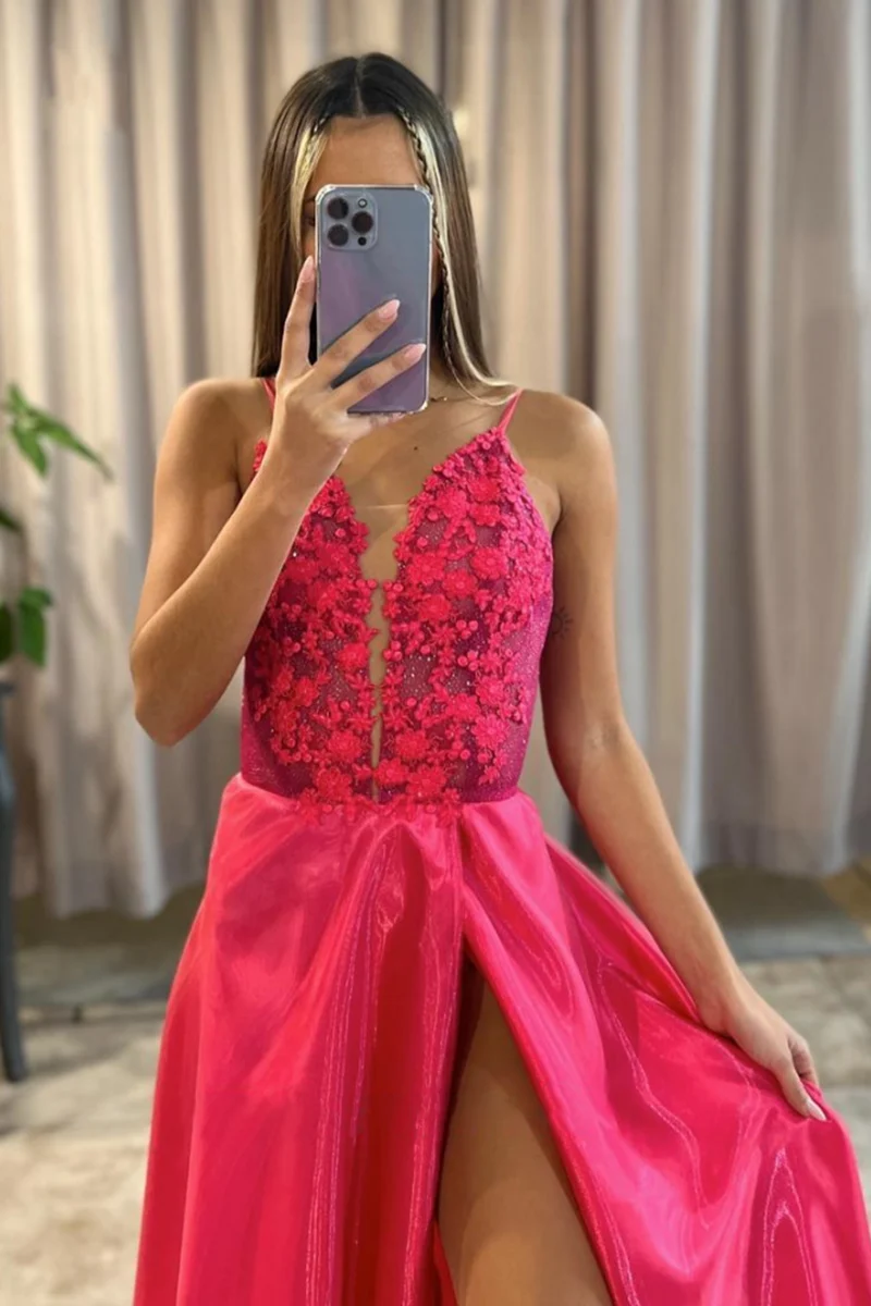 Robe de bal longue rose élégante à décolleté en V profond et appliqués, coupe trapèze, avec fente