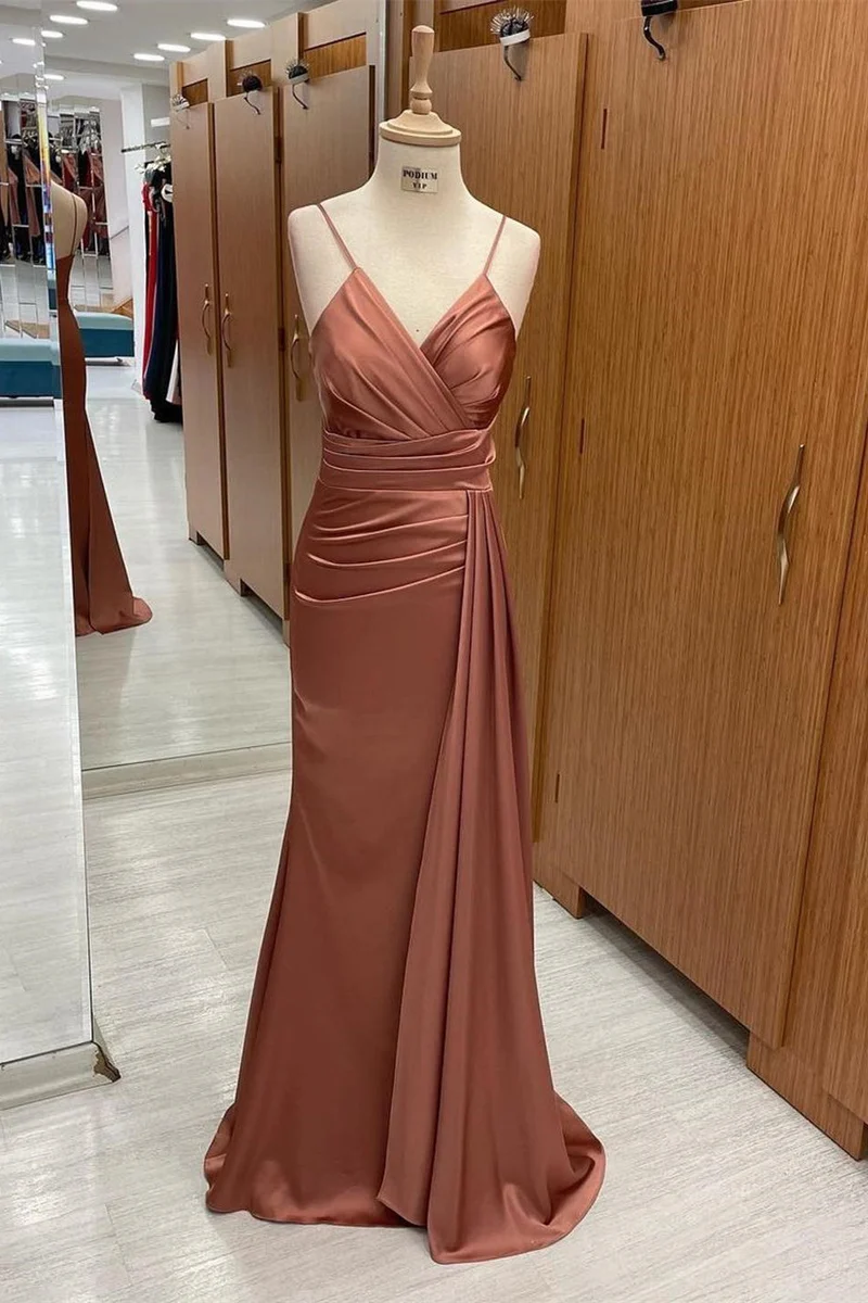 Robe de soirée sirène élégante à bretelles spaghetti et col en V | Robe de bal