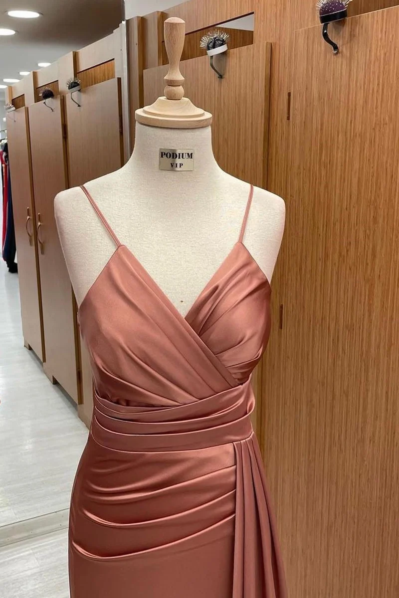 Robe de soirée sirène élégante à bretelles spaghetti et col en V | Robe de bal