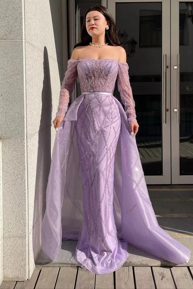 Robe de bal sirène lilas à épaules dénudées et manches longues en tulle avec perles