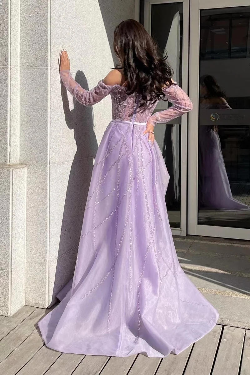 Robe de bal sirène lilas à épaules dénudées et manches longues en tulle avec perles
