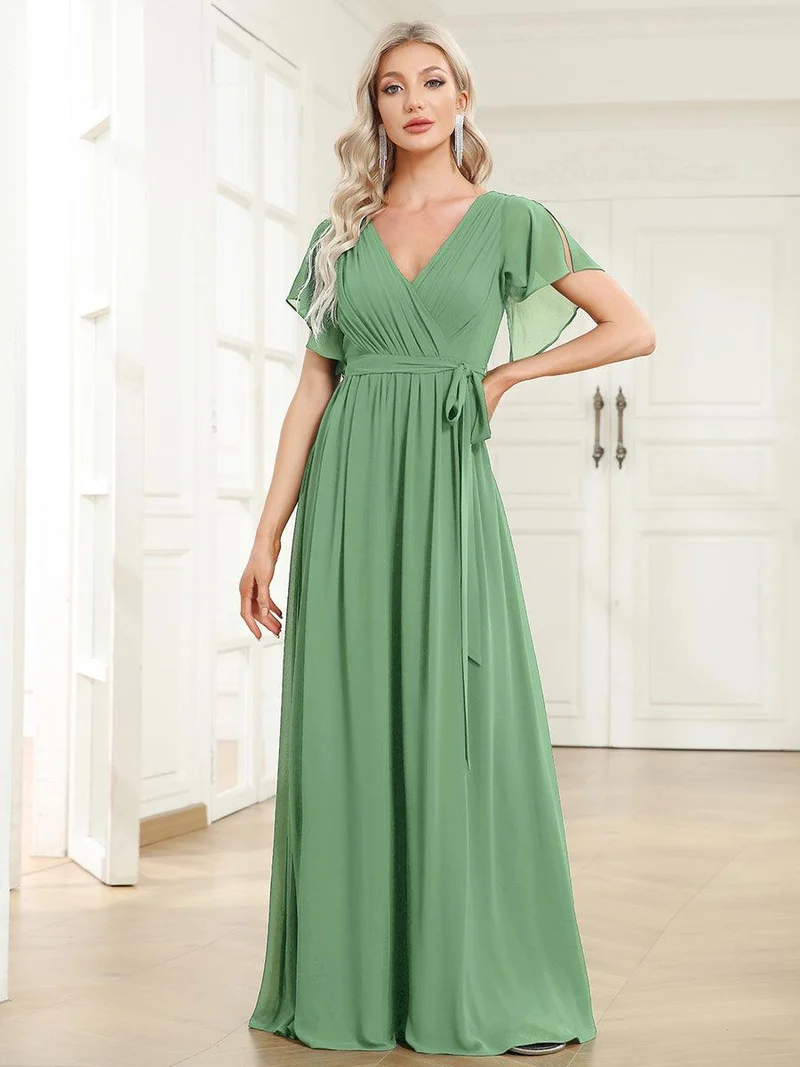 ever LEORA|Robe Demoiselle d'Honneur Mousseline Évasée à Manches Flottantes et Col V