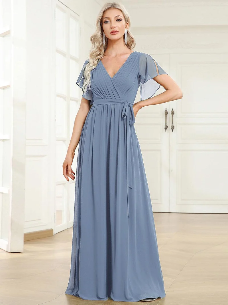 ever LEORA|Robe Demoiselle d'Honneur Mousseline Évasée à Manches Flottantes et Col V