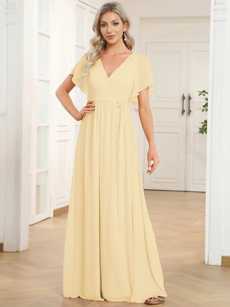 ever LEORA|Robe Demoiselle d'Honneur Mousseline Évasée à Manches Flottantes et Col V