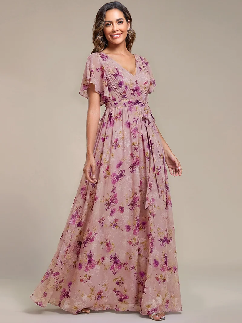 ever LEORA|Robe Demoiselle d'Honneur Mousseline Évasée à Manches Flottantes et Col V