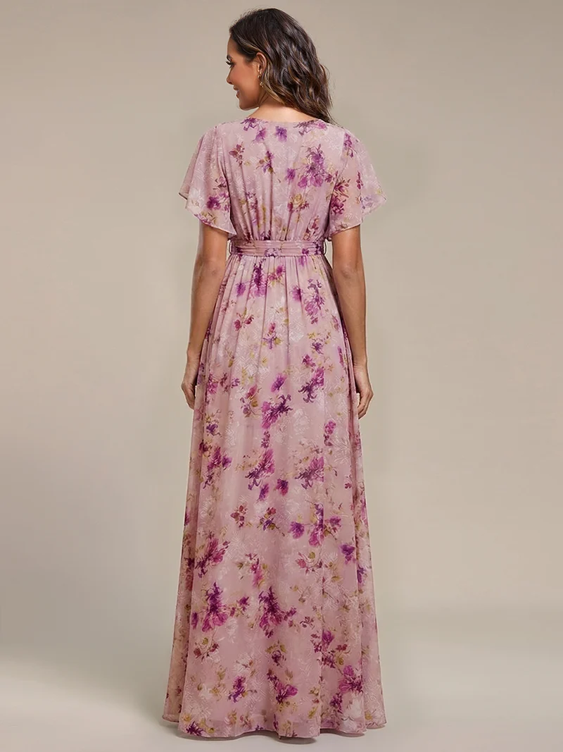 ever LEORA|Robe Demoiselle d'Honneur Mousseline Évasée à Manches Flottantes et Col V
