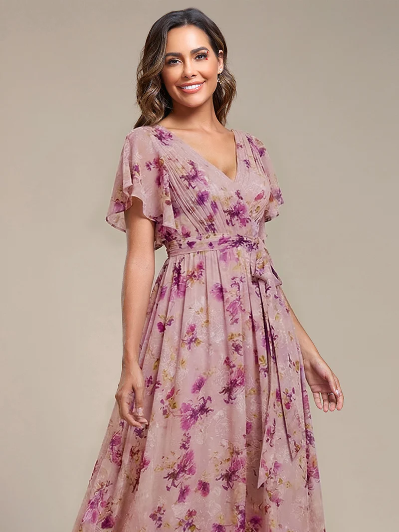 ever LEORA|Robe Demoiselle d'Honneur Mousseline Évasée à Manches Flottantes et Col V